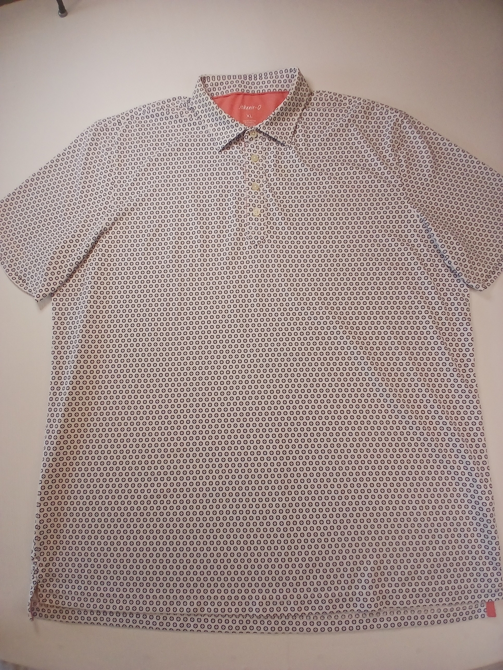 johnnie-O White Polo with Navy Circle Print and Coral Inner Collar